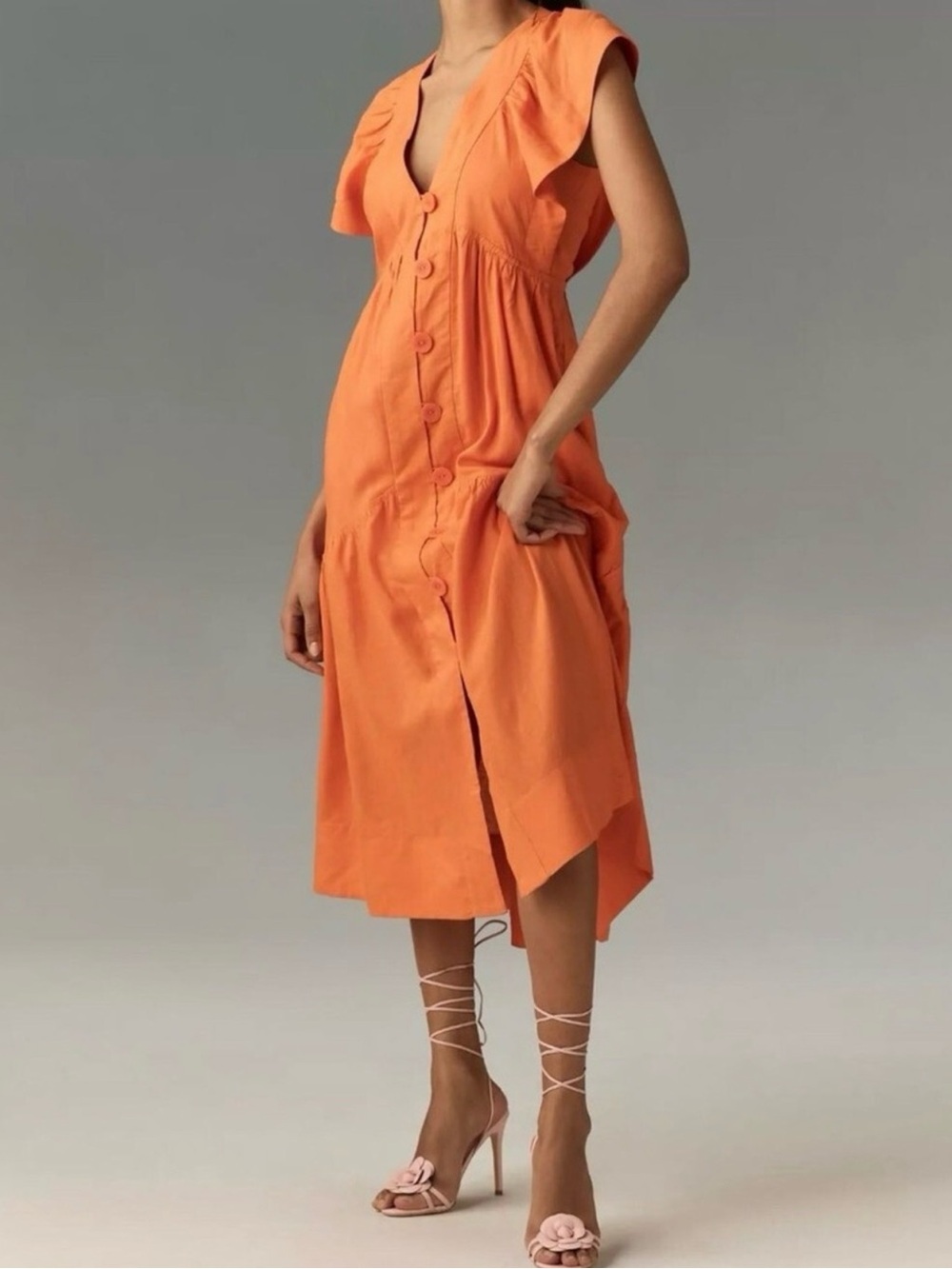 Anthropologie The Reneé Flutter-Sleeve Linen Buttons Midi Dress Orange Size SP